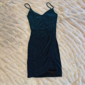 Lulus Forever Your Girl Metallic Teal Bodycon Dress Shimmer Wrap Front Slit S